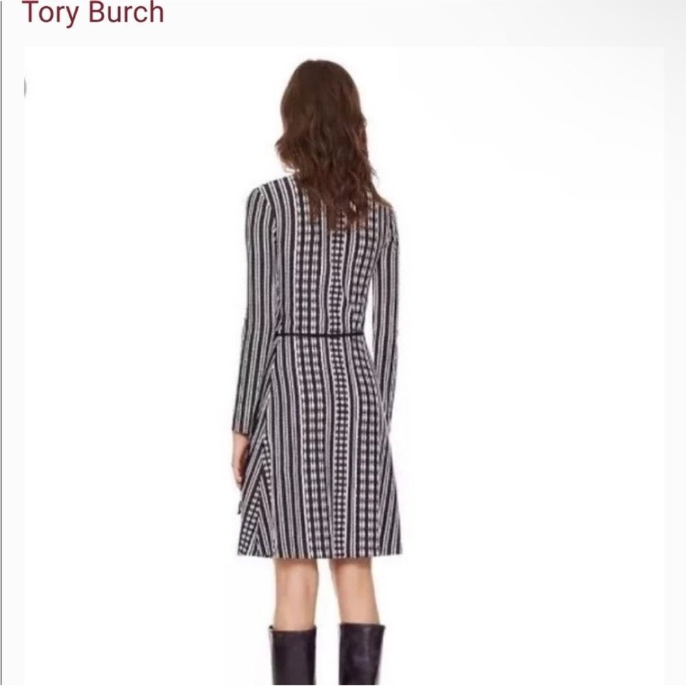 TORY BURCH | Jacquard Striped Navy Blue Long Sleeve Wrap Dress Women’s Size M - Picture 2 of 14